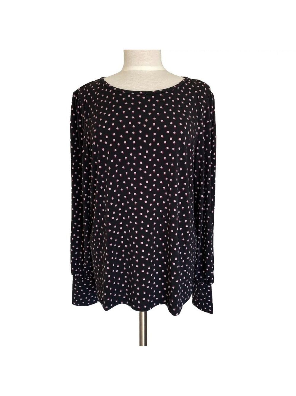 Tahari Blouse Womens XL Black w/ Pink Purple Polka Dot Long Sleeve Stretch